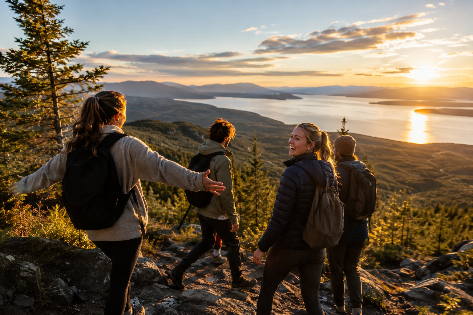 Un groupe d’amis marche vers un point de vue au coucher du soleil
