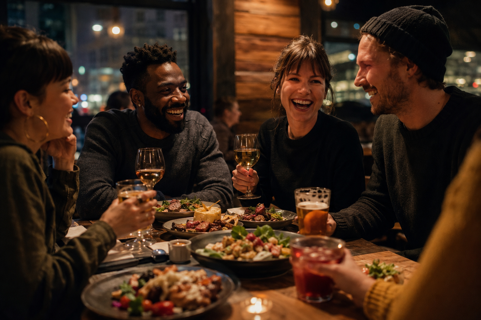 Des amis partagent un repas dans un restaurant chaleureux
